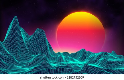 Retro background futuristic landscape 1980s style. Digital retro landscape cyber surface. Retro music album cover template sun, space, mountains . 80s Retro Sci-Fi Background Summer Landscape.