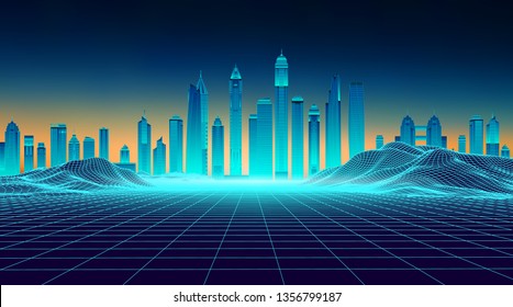 Retro background futuristic landscape 1980s style. Futuristic skyscraper city. Digital landscape cyber surface. Synth wave music album cover template : city, space, mountains . 80s Retro Sci-Fi