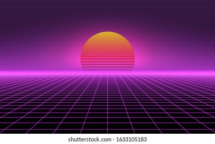 Retro background futuristic landscape 1980s style. Vector perspective grid. 80s sci-fi or game style. Retro neon background with 80s styled laser grid.