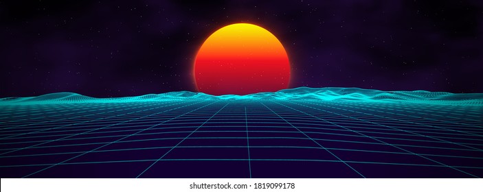 Retro background futuristic landscape 1980s style. Digital retro landscape cyber surface. 80s party background . Retro 80s fashion Sci-Fi Background Summer Landscape.