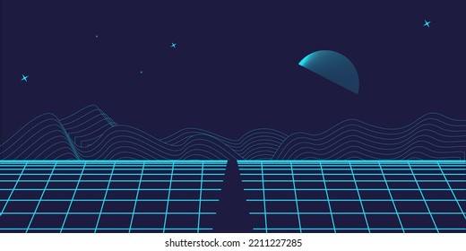 Retro background futuristic landscape 1980s style. Digital retro landscape cyber surface. 80s party background . Retro 80s fashion Sci-Fi Background. Digital Cyber Surface.