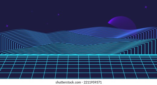 Retro background futuristic landscape 1980s style. Digital retro landscape cyber surface. 80s party background . Retro 80s fashion Sci-Fi Background. Digital Cyber Surface.