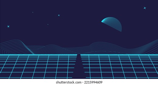 Retro background futuristic landscape 1980s style. Digital retro landscape cyber surface. 80s party background . Retro 80s fashion Sci-Fi Background. Digital Cyber Surface.