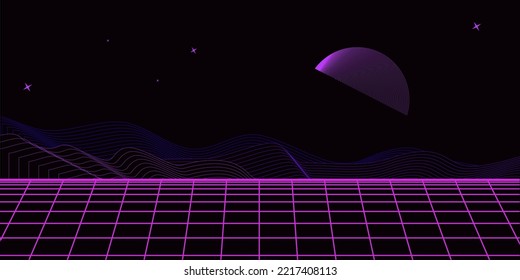 Retro background futuristic landscape 1980s style. Digital retro landscape cyber surface. 80s party background . Retro 80s fashion Sci-Fi Background. Digital Cyber Surface.