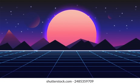 Retro background futuristic landscape 1980s style. Digital retro landscape cyber surface. 80s party background.