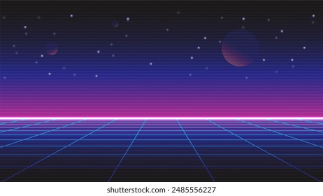 Retro background futuristic landscape 1980s style. Digital retro landscape cyber surface. 80s party background.	