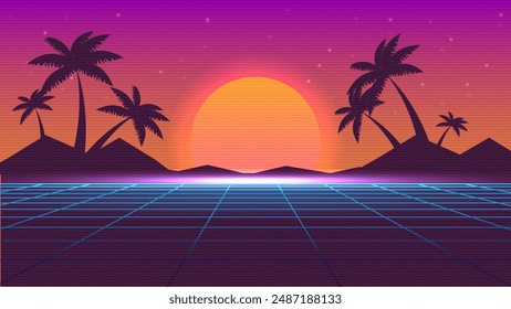 Retro background futuristic landscape 1980s style.Synthwave wireframe landscape. Digital retro landscape cyber surface. 80s party background.