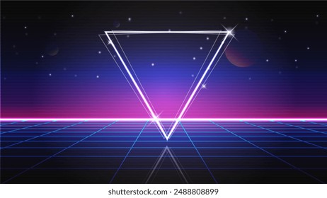 Retro Hintergrund futuristische Landschaft 1980er Jahre Stil. Synthwave Wireframe Landschaft. Digitale Retro Landschaft Cyber Oberfläche. 80er Jahre Party Hintergrund.	