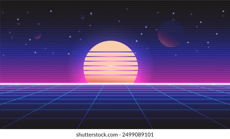 Retro Hintergrund futuristische Landschaft 1980er Jahre Stil.Synthwave Drahtgitter Landschaft. Digitale Retro-Landschaft Cyber-Oberfläche. 80er Jahre Party Hintergrund.	