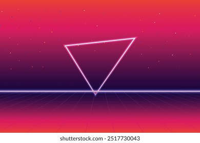 Retro background futuristic landscape 1980s style. Digital retro landscape cyber surface. Retro music album cover template : sun, space, mountains. Retro Sci-Fi Background