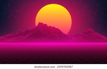 Retro background futuristic landscape 1980s style. Digital retro landscape cyber surface. Retro music album cover template: sun, space, mountains . 80s Retro Sci-Fi Background Summer Landscape.