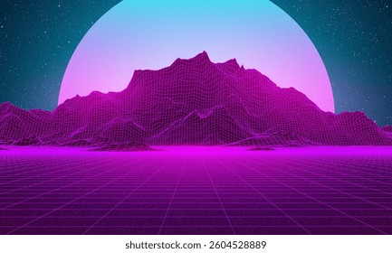 Retro background futuristic landscape 1980s style. Digital retro landscape cyber surface. Retro music album cover template: sun, space, mountains . 80s Retro Sci-Fi Background Summer Landscape.