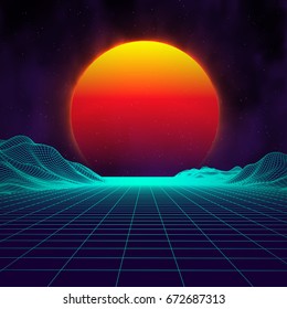 Retro background futuristic landscape 1980s style. Digital retro landscape cyber surface. Retro music album cover template : sun, space, mountains . 80s Retro Sci-Fi Background Summer Landscape.