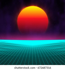 Retro background futuristic landscape 1980s style. Digital retro landscape cyber surface. Retro music album cover template : sun, space, mountains . 80s Retro Sci-Fi Background Summer Landscape.