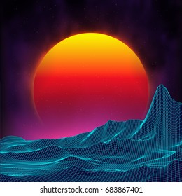 Retro background futuristic landscape 1980s style. Digital retro landscape cyber surface. Retro music album cover template : sun, space, mountains . 80s Retro Sci-Fi Background Summer Landscape.