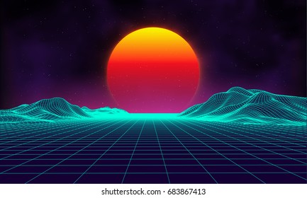 Retro background futuristic landscape 1980s style. Digital retro landscape cyber surface. Retro music album cover template : sun, space, mountains . 80s Retro Sci-Fi Background Summer Landscape.