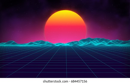 Retro background futuristic landscape 1980s style. Digital retro landscape cyber surface. Retro music album cover template : sun, space, mountains . 80s Retro Sci-Fi Background Summer Landscape.