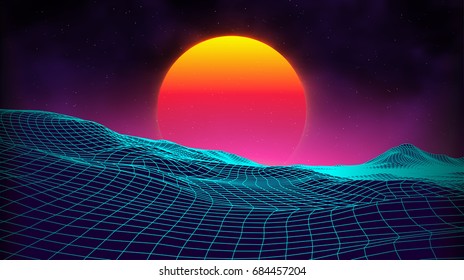 Retro background futuristic landscape 1980s style. Digital retro landscape cyber surface. Retro music album cover template : sun, space, mountains . 80s Retro Sci-Fi Background Summer Landscape.