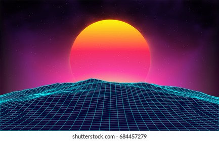 Retro background futuristic landscape 1980s style. Digital retro landscape cyber surface. Retro music album cover template : sun, space, mountains . 80s Retro Sci-Fi Background Summer Landscape.