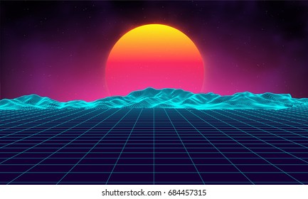 Retro background futuristic landscape 1980s style. Digital retro landscape cyber surface. Retro music album cover template : sun, space, mountains . 80s Retro Sci-Fi Background Summer Landscape.