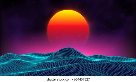 Retro background futuristic landscape 1980s style. Digital retro landscape cyber surface. Retro music album cover template : sun, space, mountains . 80s Retro Sci-Fi Background Summer Landscape.