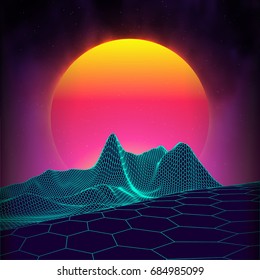 Retro background futuristic landscape 1980s style. Digital retro landscape cyber surface. Retro music album cover template : sun, space, mountains . 80s Retro Sci-Fi Background Summer Landscape.