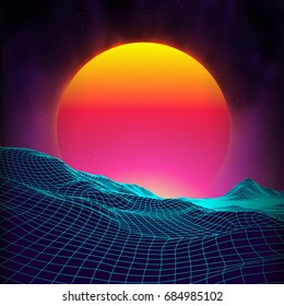 Retro background futuristic landscape 1980s style. Digital retro landscape cyber surface. Retro music album cover template : sun, space, mountains . 80s Retro Sci-Fi Background Summer Landscape.