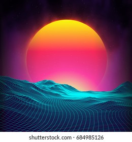 Retro background futuristic landscape 1980s style. Digital retro landscape cyber surface. Retro music album cover template : sun, space, mountains . 80s Retro Sci-Fi Background Summer Landscape.