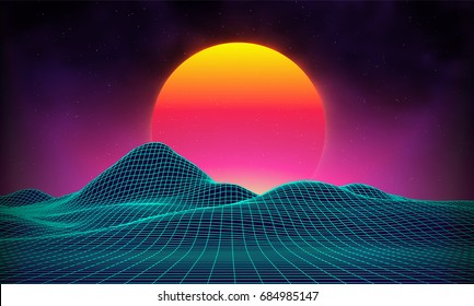 Retro background futuristic landscape 1980s style. Digital retro landscape cyber surface. Retro music album cover template : sun, space, mountains . 80s Retro Sci-Fi Background Summer Landscape.