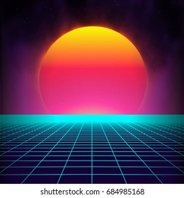 Retro background futuristic landscape 1980s style. Digital retro landscape cyber surface. Retro music album cover template : sun, space, mountains . 80s Retro Sci-Fi Background Summer Landscape.