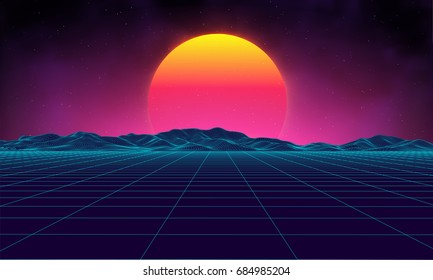 Retro background futuristic landscape 1980s style. Digital retro landscape cyber surface. Retro music album cover template : sun, space, mountains . 80s Retro Sci-Fi Background Summer Landscape.