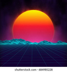Retro background futuristic landscape 1980s style. Digital retro landscape cyber surface. Retro music album cover template : sun, space, mountains . 80s Retro Sci-Fi Background Summer Landscape.