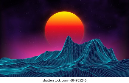 Retro background futuristic landscape 1980s style. Digital retro landscape cyber surface. Retro music album cover template : sun, space, mountains . 80s Retro Sci-Fi Background Summer Landscape.
