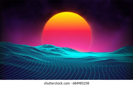 Retro background futuristic landscape 1980s style. Digital retro landscape cyber surface. Retro music album cover template : sun, space, mountains . 80s Retro Sci-Fi Background Summer Landscape.