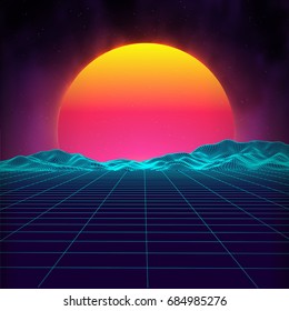 Retro background futuristic landscape 1980s style. Digital retro landscape cyber surface. Retro music album cover template : sun, space, mountains . 80s Retro Sci-Fi Background Summer Landscape.