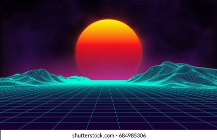 Retro background futuristic landscape 1980s style. Digital retro landscape cyber surface. Retro music album cover template : sun, space, mountains . 80s Retro Sci-Fi Background Summer Landscape.