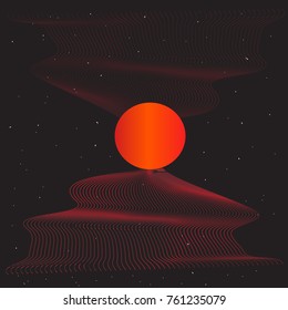 Retro background futuristic landscape 1980s 80s party background. Retro 80s sun and red background. Vector illustration. EPS 10