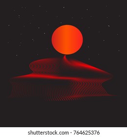 Retro background futuristic landscape 1980s 80s party background. Retro 80s sun and red background. Vector illustration. EPS 10