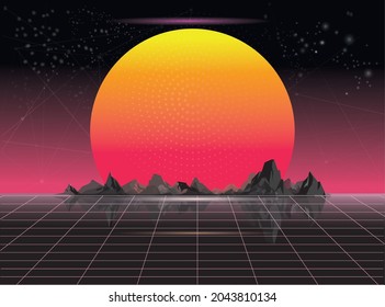 Retro background futuristic landscape 80s style. Digital landscape cyber surface. Retro music album cover template: sun, space, mountains. 