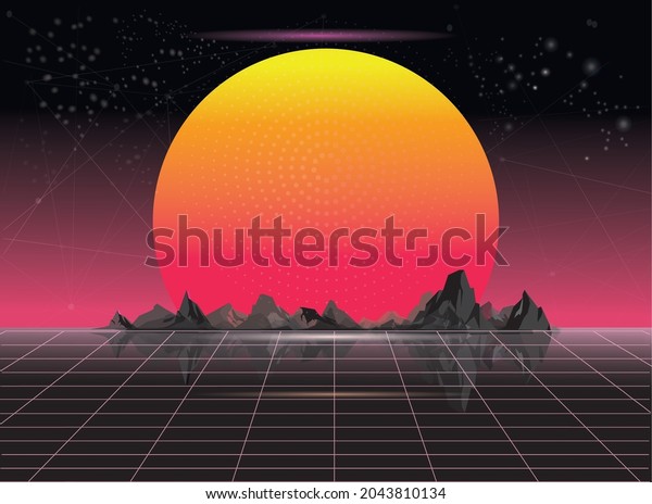 Retro background futuristic landscape 80s style. Digital\
landscape cyber surface. Retro music album cover template: sun,\
space, mountains. 