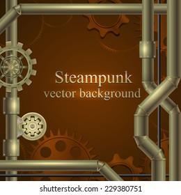 retro background with gears and tubes in shades of brown. Steampunk. vector illustration