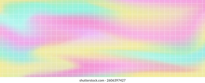 Retro background with geometric grid on the vivid colorful blended background. Vector backdrop, illustration, y2k aesthetics.
