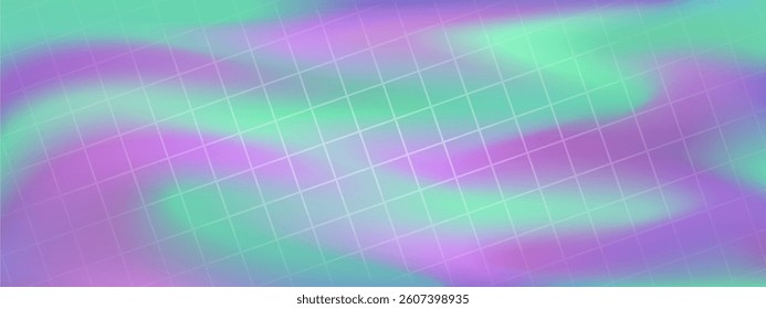 Retro background with geometric transparent grid on the vivid colorful blended background. Vector backdrop, illustration in y2k aesthetics.