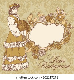 Retro background with the girl of the 19th century and the frame for the invitation