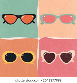 Retro Background with Glasses, Summer, Flat Illustration, Sunglasses, Grunge Texture, Colorful Vintage, Vector