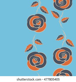 Retro background with gray, orange and blue roses. Vector roses seamless pattern. Shabby chic illustration.