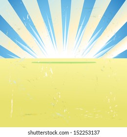 retro background with a green background and a blue sky with sun rays 