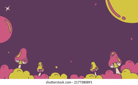 Retro background with groovy magic mushrooms and stars in doodle style. Isolated vector template for cover, banner or posters in 1970s style.