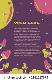 Retro background with groovy magic mushrooms and stars in doodle style. Isolated vector template for cover, banner or posters in 1970s style.