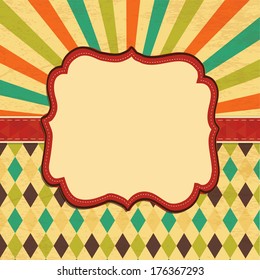 Retro Background with Grunge Texture, Border Frame, Patterns, Vector Illustration